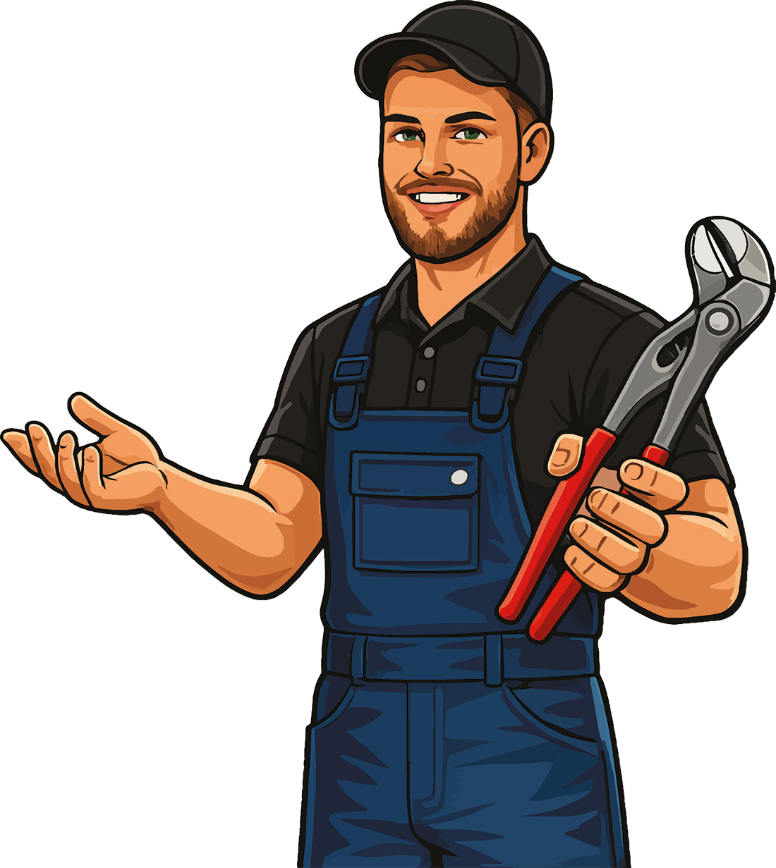 Illustrierter Handwerker in blauer Latzhose mit Wasserpumpenzange